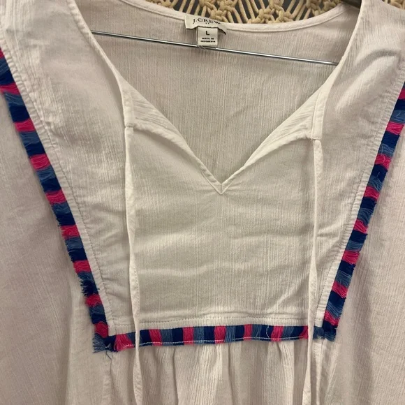 J. Crew White Tunic Gauze Beach Cover Up with Pink and Blue Fringe Trim - Picture 2 of 11